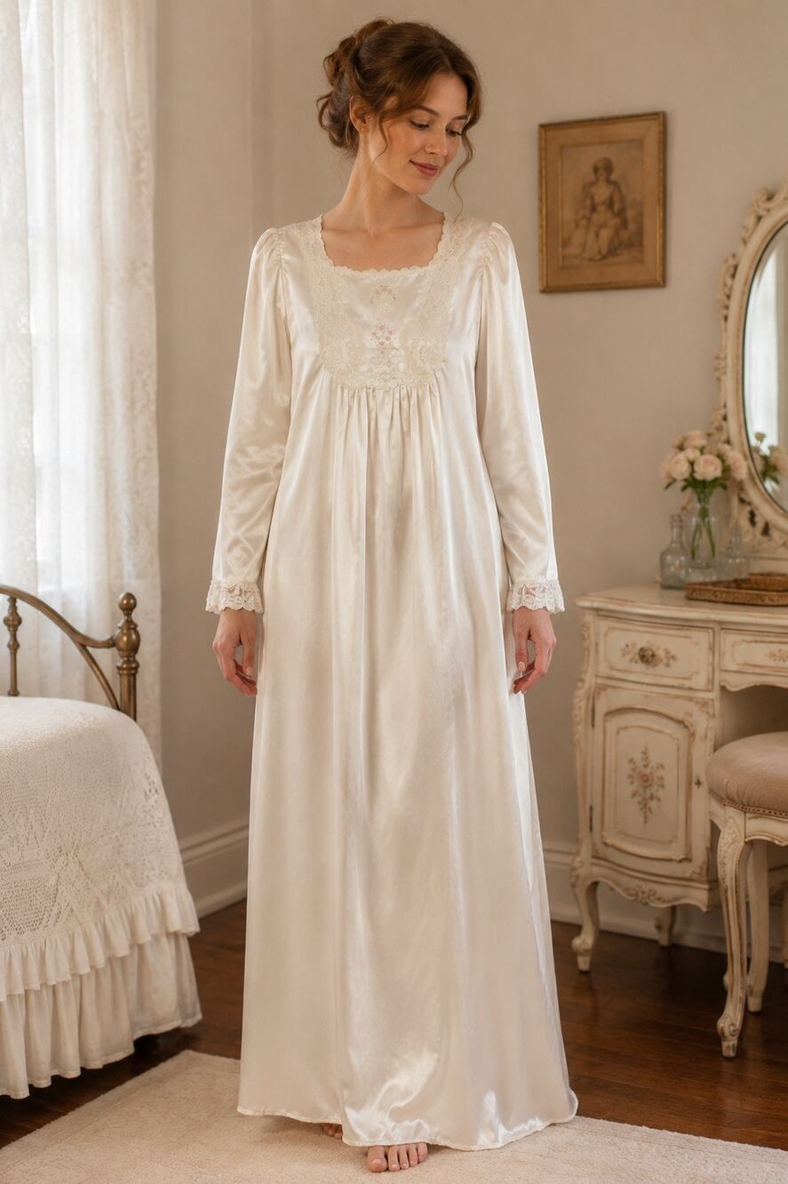 Handmade Vintage Ivory Satin Bridal Nightgown Lace Monogram P Maxi